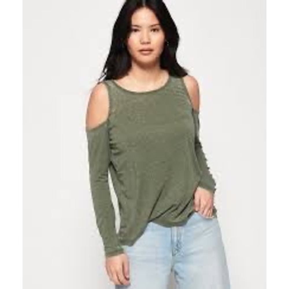 Sanctuary Olive Green Cold Shoulder Long Sleeve Linen Blend Top